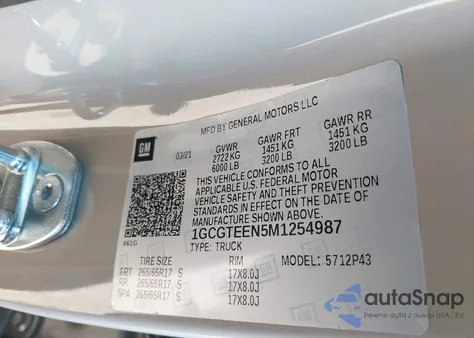 2021 Chevrolet Colorado 4Wd Short Box Zr2 из США, поврежденный, VIN 1GCGTEEN5M1254987